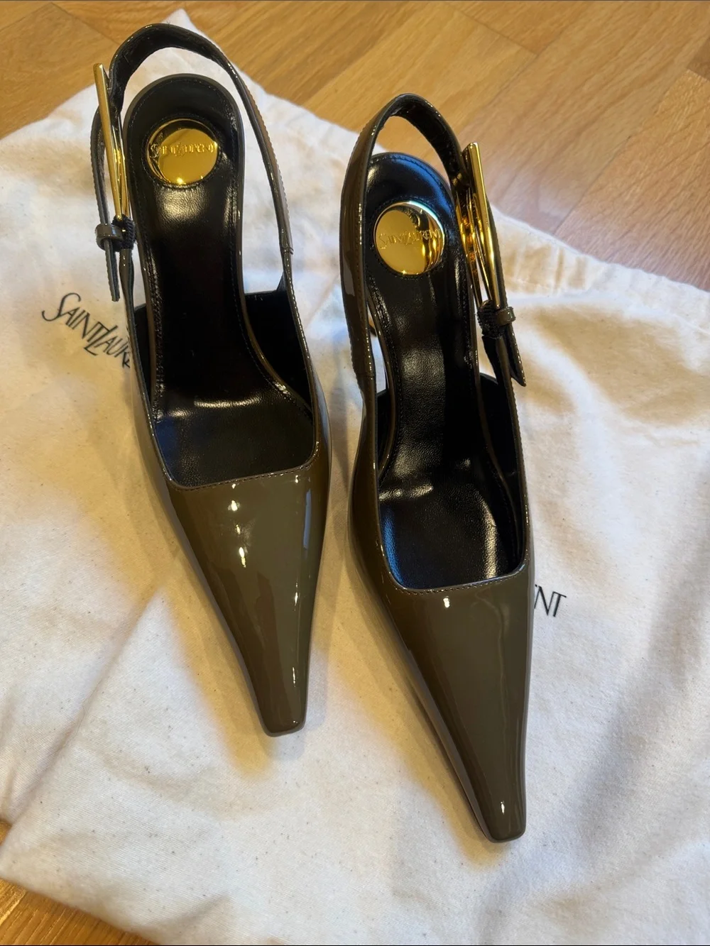 Saint Laurent Olive Patent Slingback Pumps with Gold Heel - Picture 3 of 7